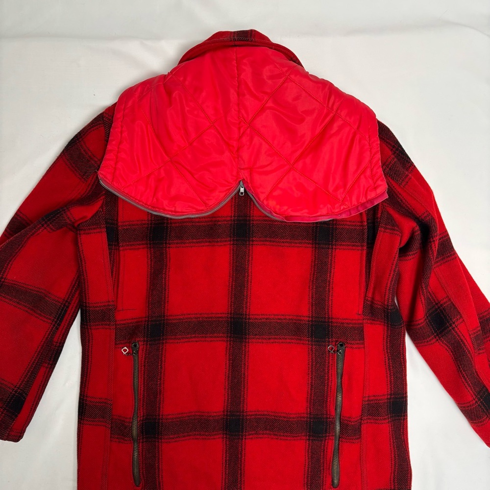 Vintage 30s Buffalo Hunting Jacket w Hood Mens Medium Red Plaid 1940s Wool Coat - Picture 6 of 16
